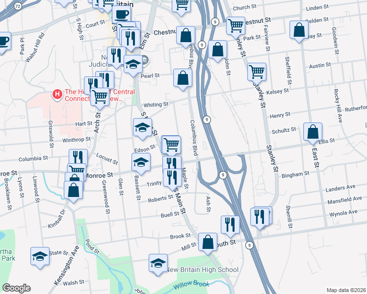 map of restaurants, bars, coffee shops, grocery stores, and more near 250 Maple Street in New Britain