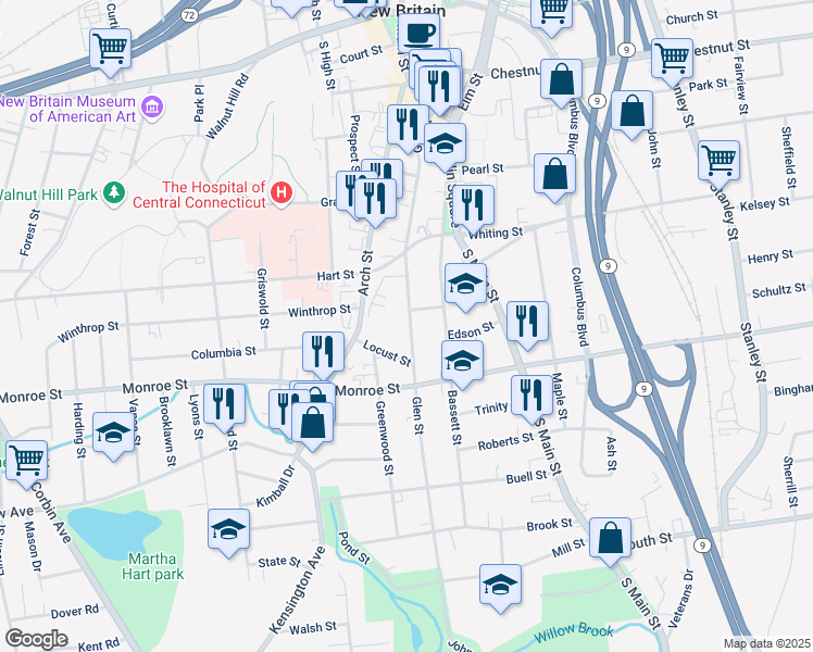 map of restaurants, bars, coffee shops, grocery stores, and more near 255 Glen Street in New Britain