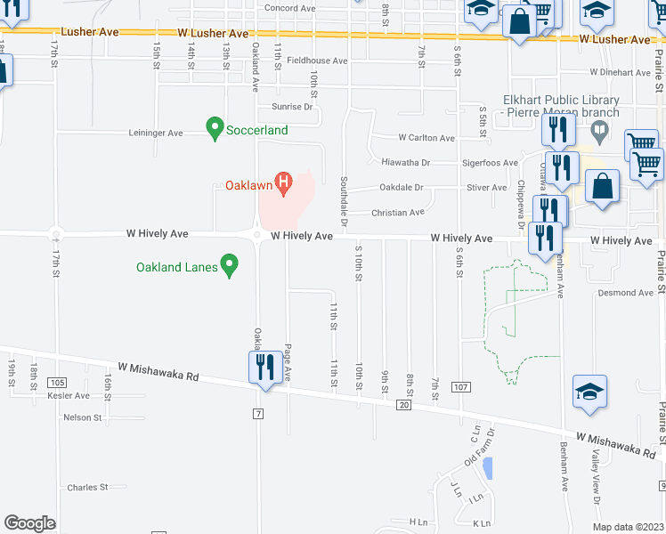 map of restaurants, bars, coffee shops, grocery stores, and more near 1001 West Hively Avenue in Elkhart