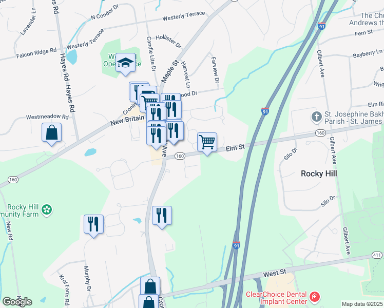 map of restaurants, bars, coffee shops, grocery stores, and more near 1040 Elm Street in Rocky Hill