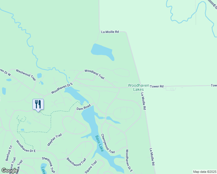 map of restaurants, bars, coffee shops, grocery stores, and more near 27 Woodhaven Drive East in Sublette