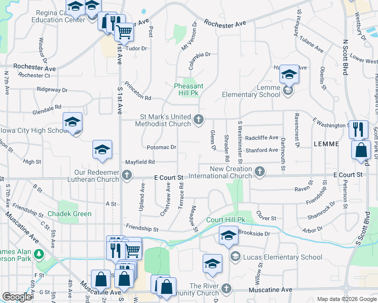 map of restaurants, bars, coffee shops, grocery stores, and more near 217-225 Linden Court in Iowa City