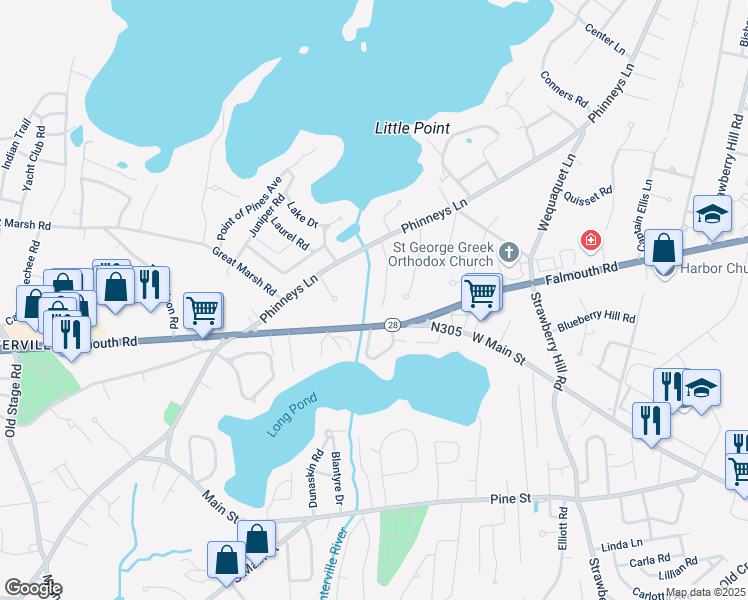 map of restaurants, bars, coffee shops, grocery stores, and more near 30 Crosby Road in Barnstable