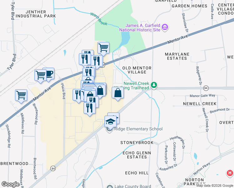 map of restaurants, bars, coffee shops, grocery stores, and more near 7850 Mentor Avenue in Mentor