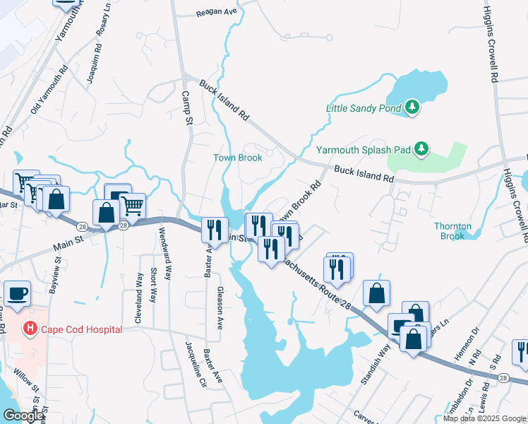 map of restaurants, bars, coffee shops, grocery stores, and more near 27 Mill Pond Road in Yarmouth