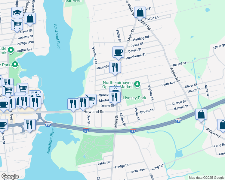 map of restaurants, bars, coffee shops, grocery stores, and more near 23 Winsor Street in Fairhaven