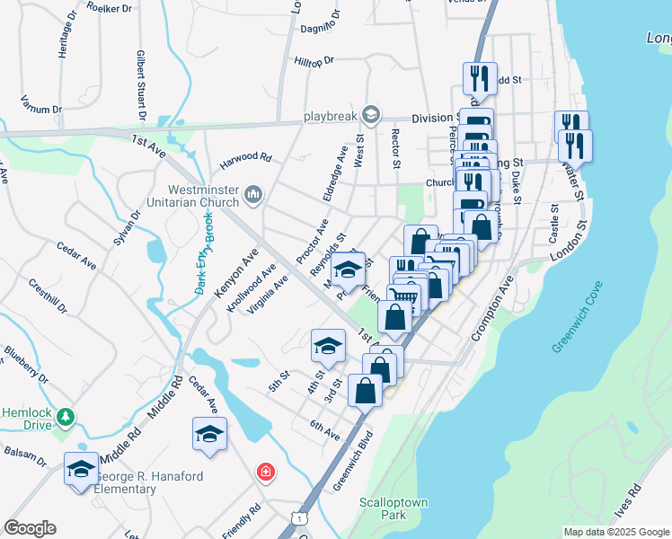 map of restaurants, bars, coffee shops, grocery stores, and more near 112 Mawney Street in East Greenwich