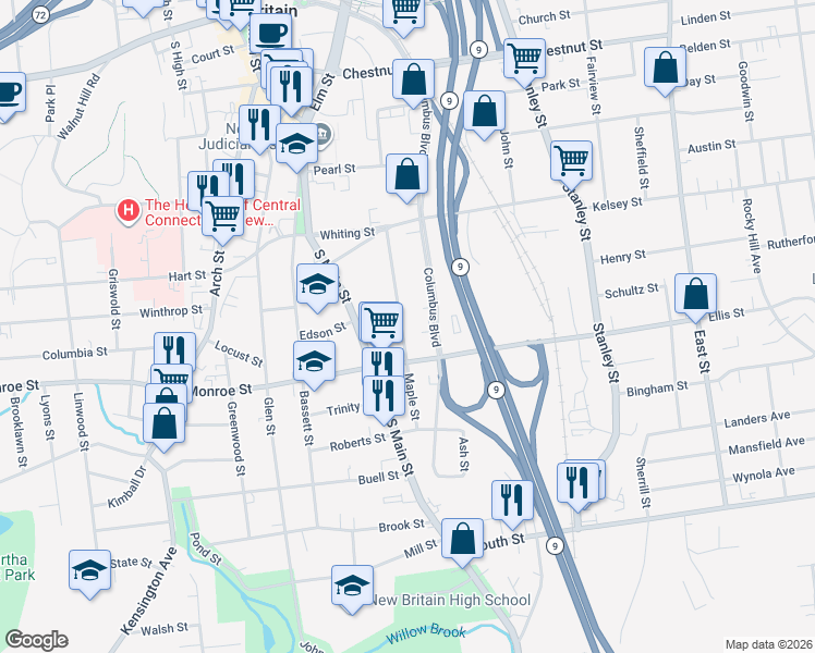map of restaurants, bars, coffee shops, grocery stores, and more near 250 Maple Street in New Britain