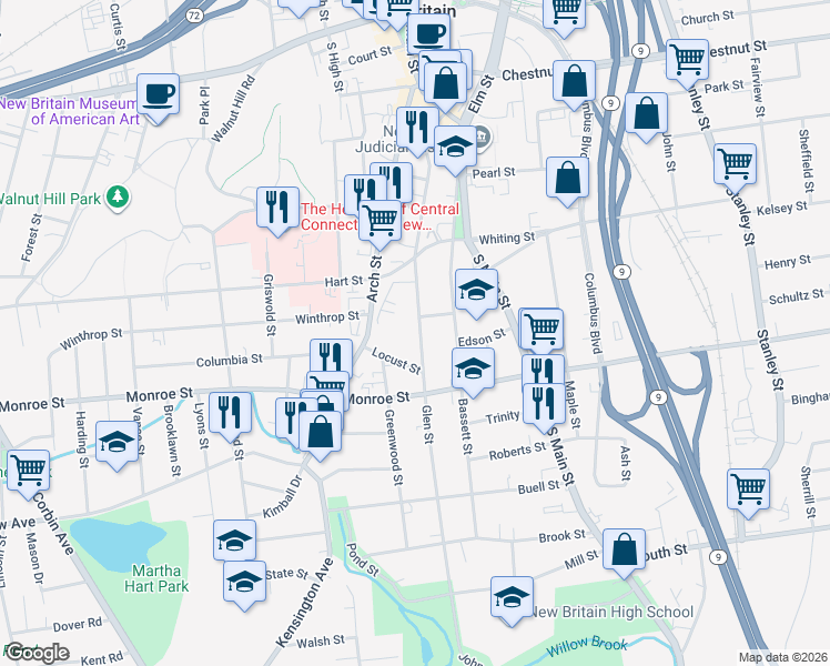 map of restaurants, bars, coffee shops, grocery stores, and more near 255 Glen Street in New Britain