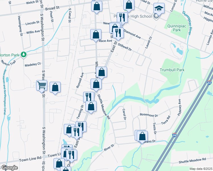 map of restaurants, bars, coffee shops, grocery stores, and more near 33 Spring Street in Plainville