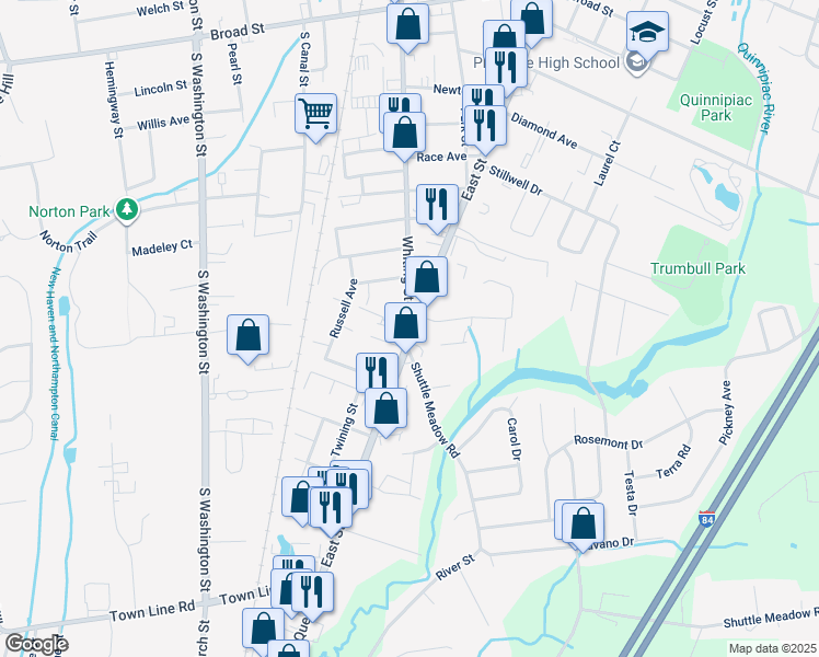 map of restaurants, bars, coffee shops, grocery stores, and more near 311R East Street in Plainville