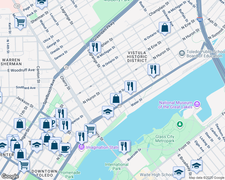 map of restaurants, bars, coffee shops, grocery stores, and more near in Toledo