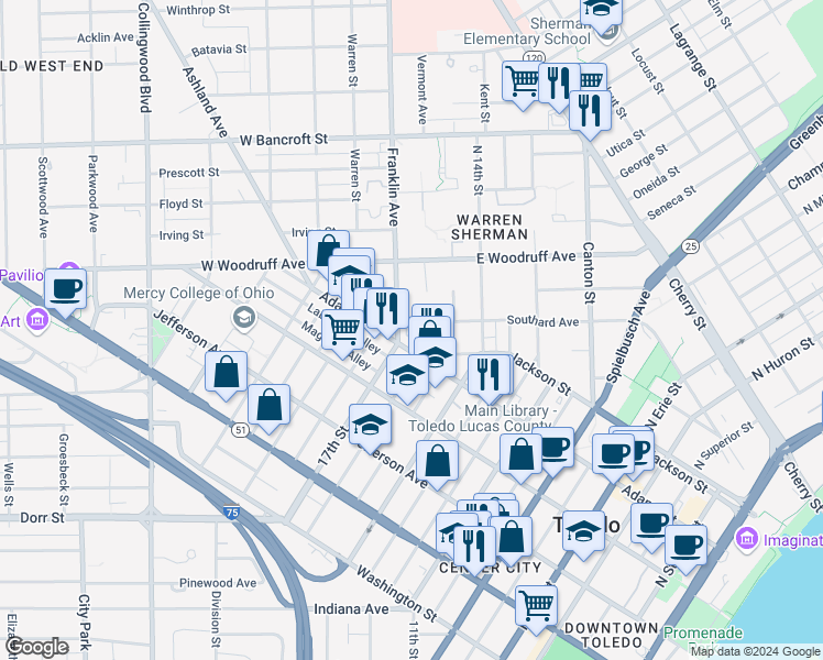 map of restaurants, bars, coffee shops, grocery stores, and more near 1812 Vermont Avenue in Toledo