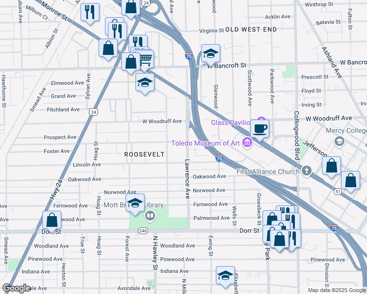 map of restaurants, bars, coffee shops, grocery stores, and more near 1817 Lawrence Avenue in Toledo