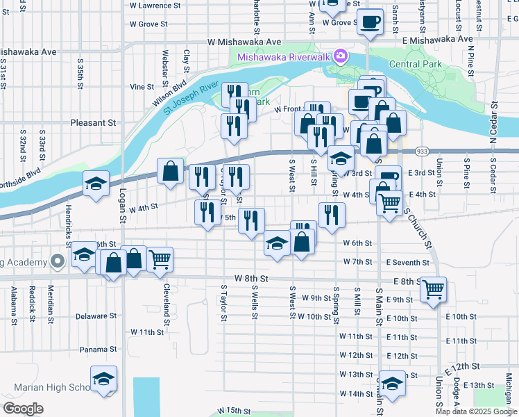 map of restaurants, bars, coffee shops, grocery stores, and more near 601 West 5th Street in Mishawaka