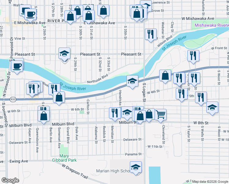 map of restaurants, bars, coffee shops, grocery stores, and more near 202-298 Meridian Street in Mishawaka