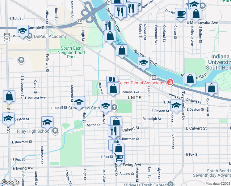 map of restaurants, bars, coffee shops, grocery stores, and more near in South Bend