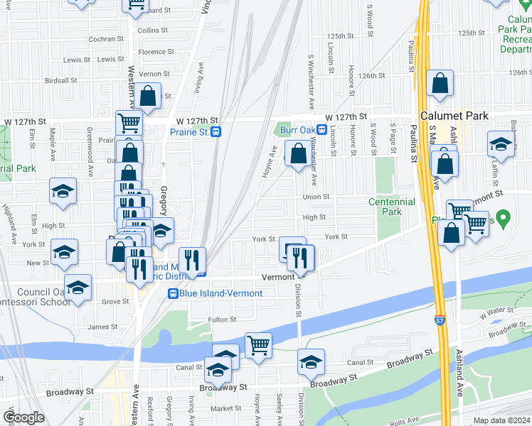 map of restaurants, bars, coffee shops, grocery stores, and more near 2041 High Street in Blue Island