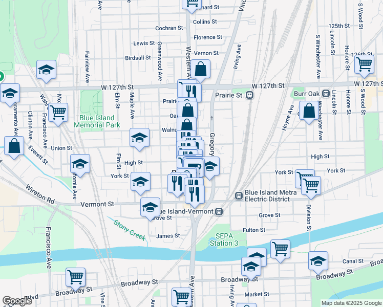 map of restaurants, bars, coffee shops, grocery stores, and more near in Blue Island