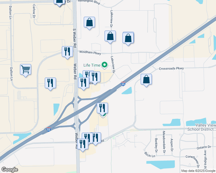 map of restaurants, bars, coffee shops, grocery stores, and more near 1225 Lakeview Drive in Romeoville
