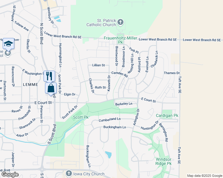 map of restaurants, bars, coffee shops, grocery stores, and more near 28 Kenneth Drive in Iowa City