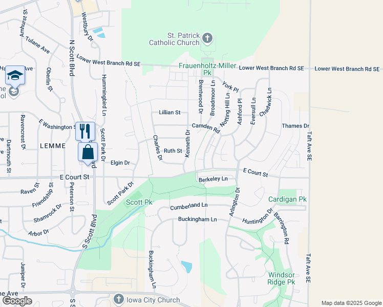 map of restaurants, bars, coffee shops, grocery stores, and more near 28 Kenneth Drive in Iowa City