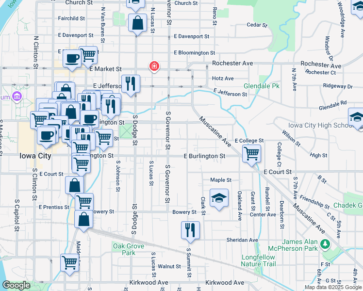 map of restaurants, bars, coffee shops, grocery stores, and more near 252 South Summit Street in Iowa City