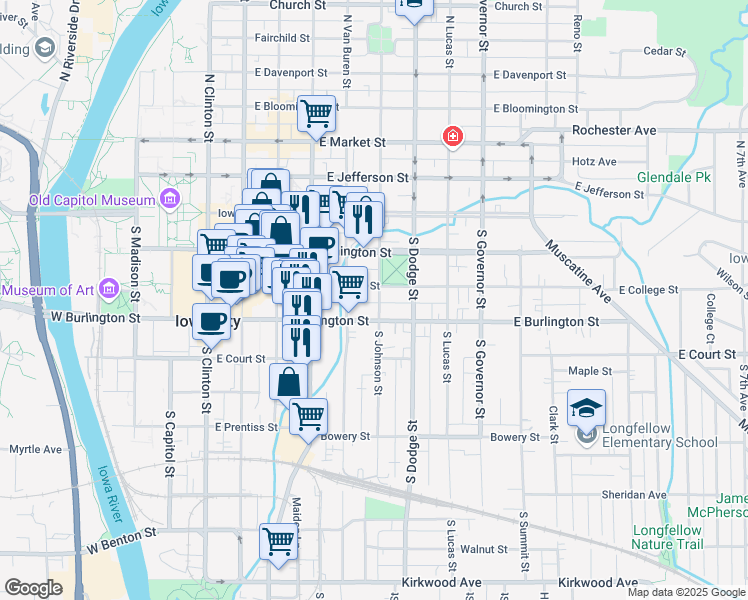 map of restaurants, bars, coffee shops, grocery stores, and more near 226 South Johnson Street in Iowa City