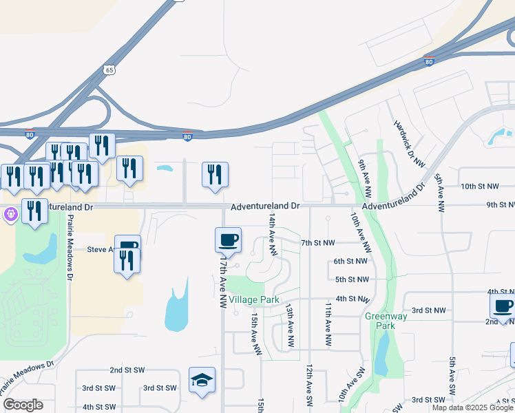 map of restaurants, bars, coffee shops, grocery stores, and more near 1414 Adventureland Drive in Altoona