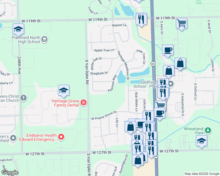 map of restaurants, bars, coffee shops, grocery stores, and more near 24308 Peartree Way in Plainfield