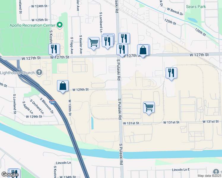 map of restaurants, bars, coffee shops, grocery stores, and more near 5104 West 129th Street in Alsip