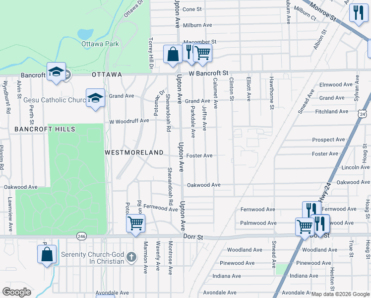 map of restaurants, bars, coffee shops, grocery stores, and more near 1825 Parkdale Avenue in Toledo