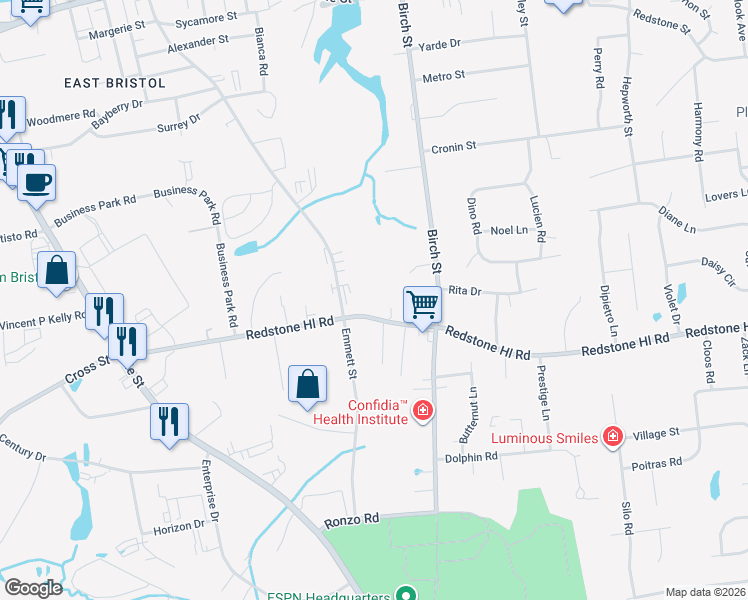 map of restaurants, bars, coffee shops, grocery stores, and more near 279 Redstone Hill Road in Bristol