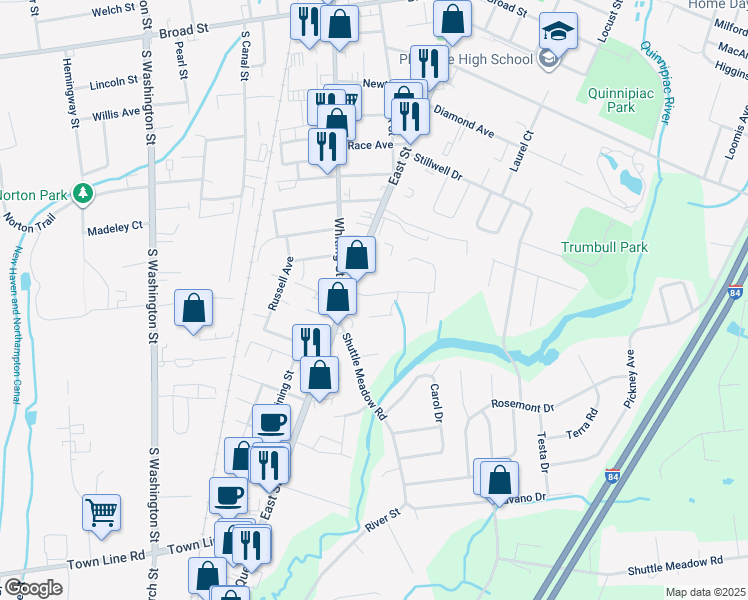 map of restaurants, bars, coffee shops, grocery stores, and more near 33 Spring Street in Plainville