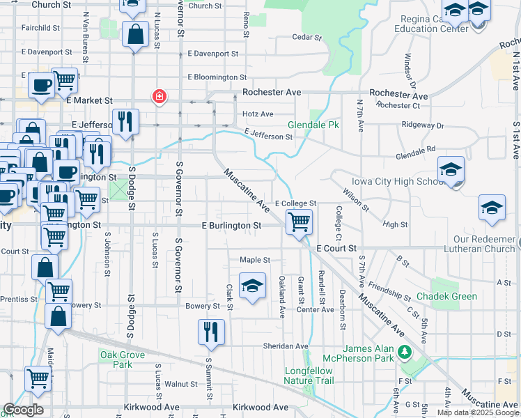 map of restaurants, bars, coffee shops, grocery stores, and more near 1204 East Burlington Street in Iowa City
