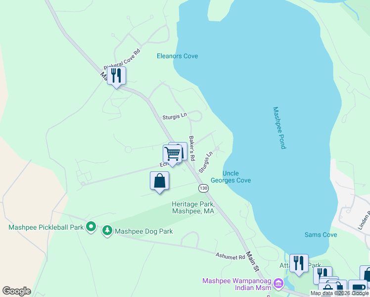 map of restaurants, bars, coffee shops, grocery stores, and more near 561 Main Street in Mashpee