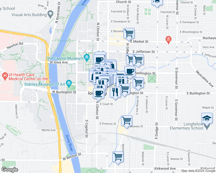 map of restaurants, bars, coffee shops, grocery stores, and more near 210 South Dubuque Street in Iowa City