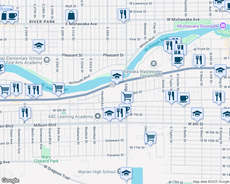 map of restaurants, bars, coffee shops, grocery stores, and more near 1411 Lincolnway West in Mishawaka