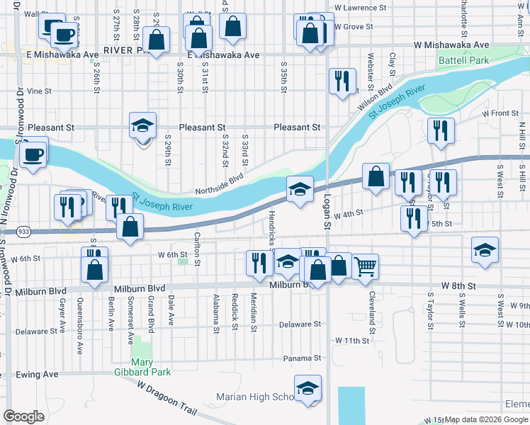 map of restaurants, bars, coffee shops, grocery stores, and more near 202-298 Meridian Street in Mishawaka