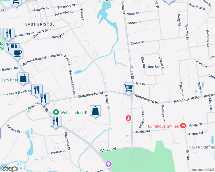 map of restaurants, bars, coffee shops, grocery stores, and more near 279 Redstone Hill Road in Bristol