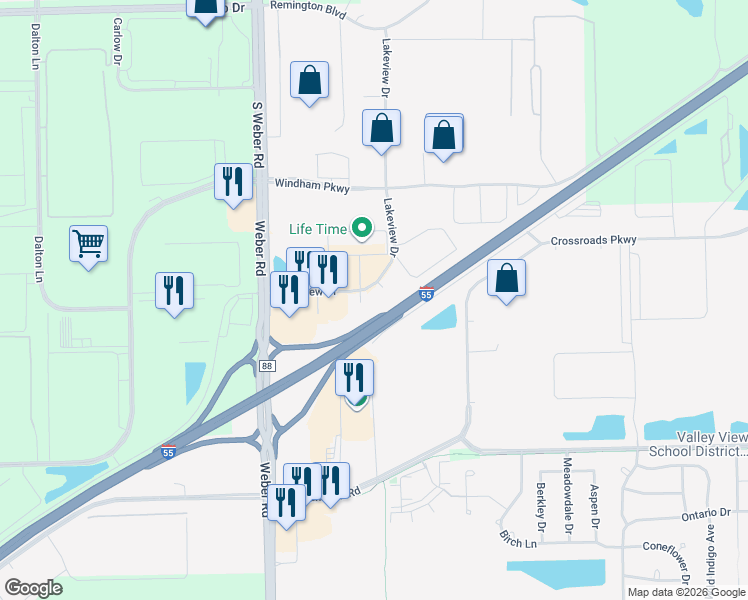 map of restaurants, bars, coffee shops, grocery stores, and more near 1225 Lakeview Drive in Romeoville