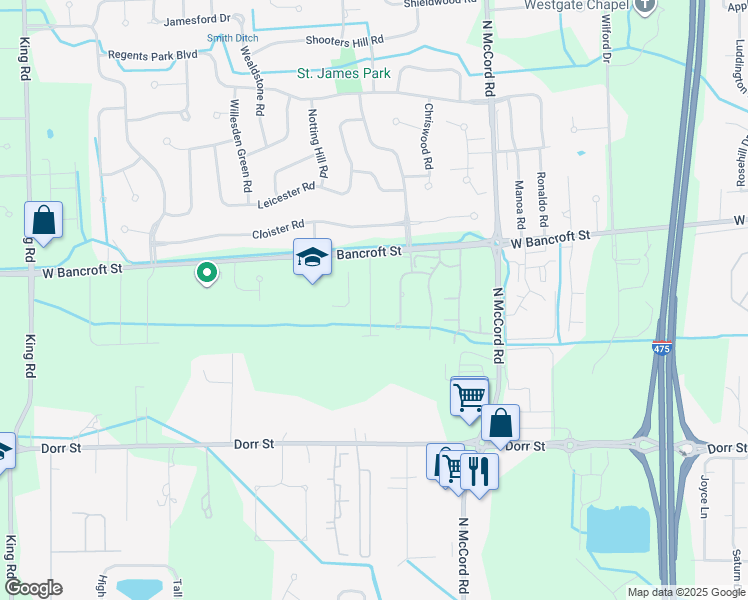 map of restaurants, bars, coffee shops, grocery stores, and more near 6949 West Bancroft Street in Toledo