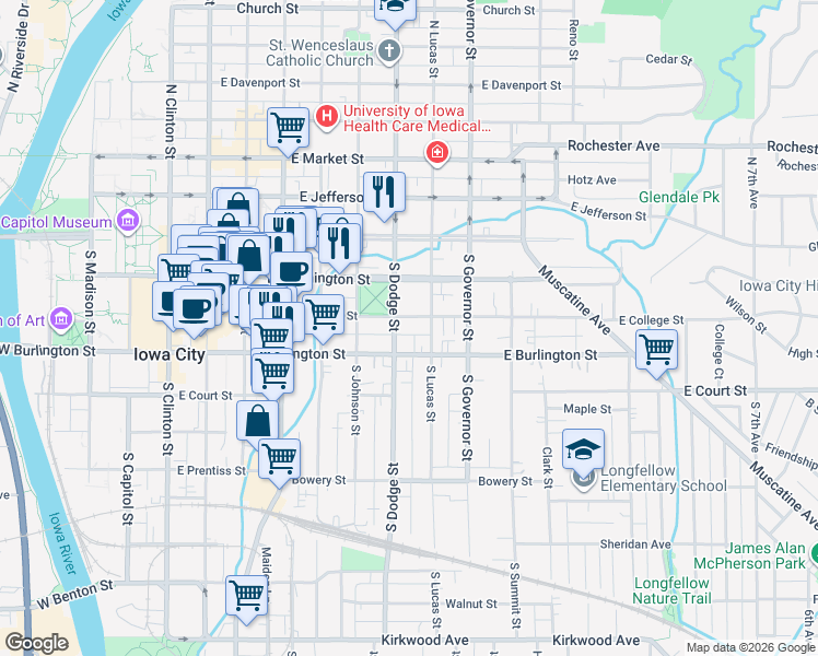 map of restaurants, bars, coffee shops, grocery stores, and more near 230 South Dodge Street in Iowa City