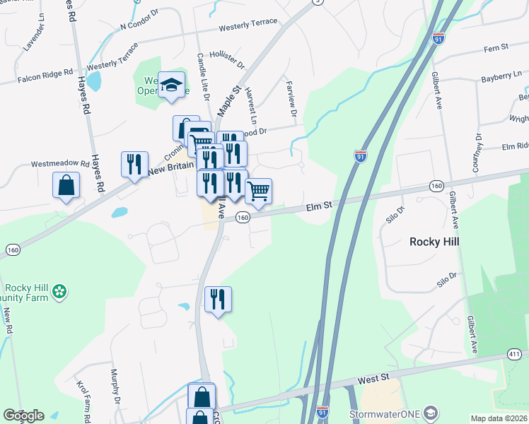 map of restaurants, bars, coffee shops, grocery stores, and more near in Rocky Hill