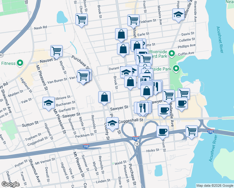 map of restaurants, bars, coffee shops, grocery stores, and more near 140 Holly Street in New Bedford