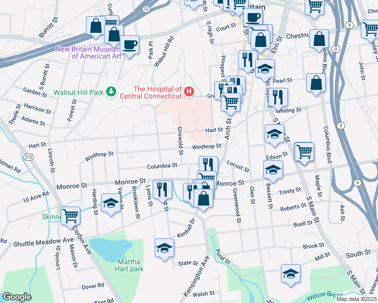 map of restaurants, bars, coffee shops, grocery stores, and more near 61 Columbia Street in New Britain