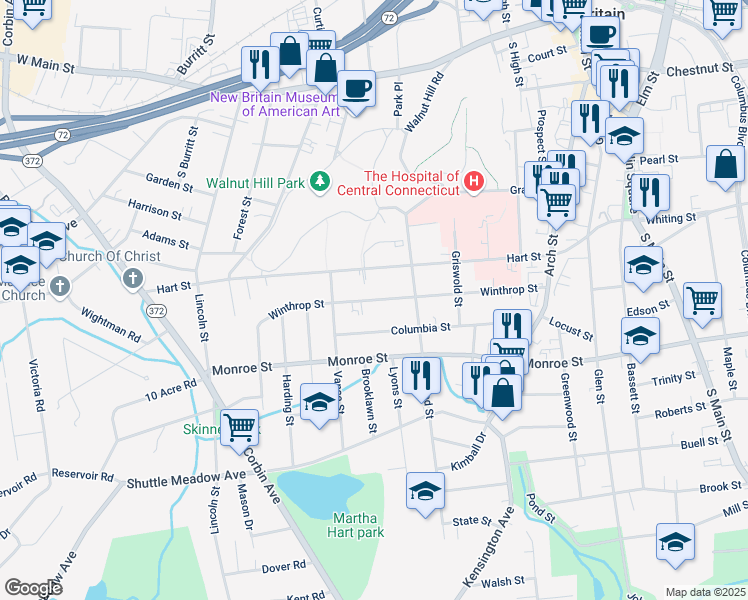 map of restaurants, bars, coffee shops, grocery stores, and more near 177 Columbia Street in New Britain
