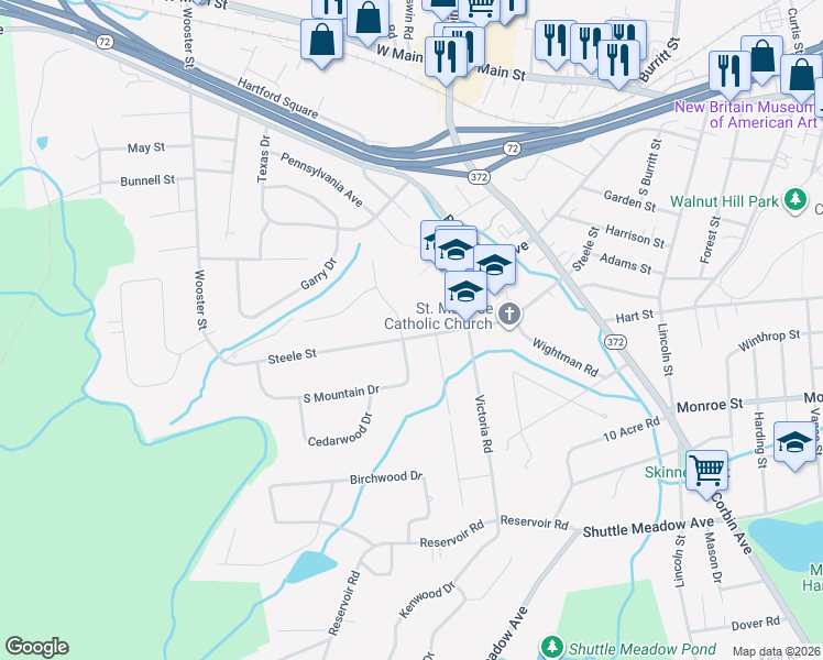 map of restaurants, bars, coffee shops, grocery stores, and more near 9 South Mountain Drive in New Britain