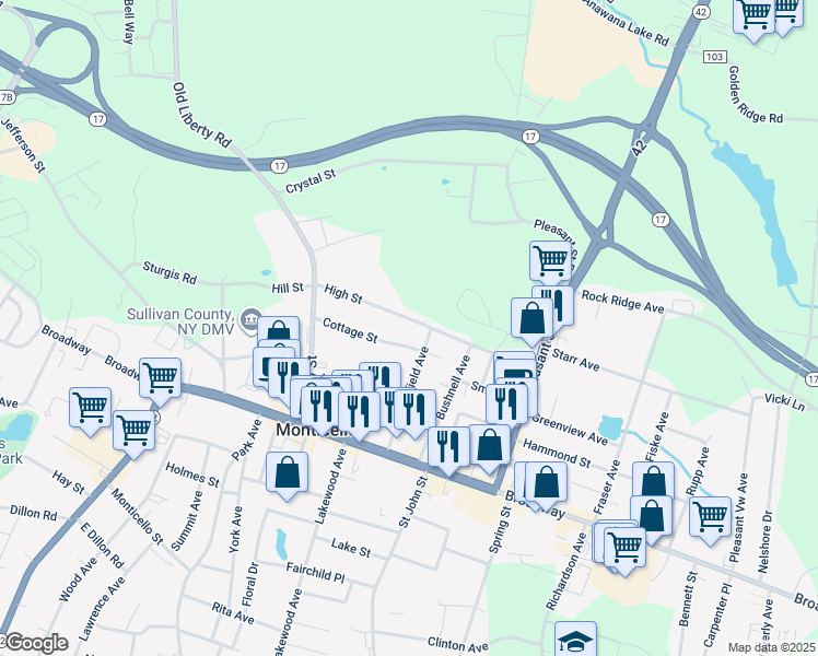 map of restaurants, bars, coffee shops, grocery stores, and more near 50 Landfield Avenue in Monticello