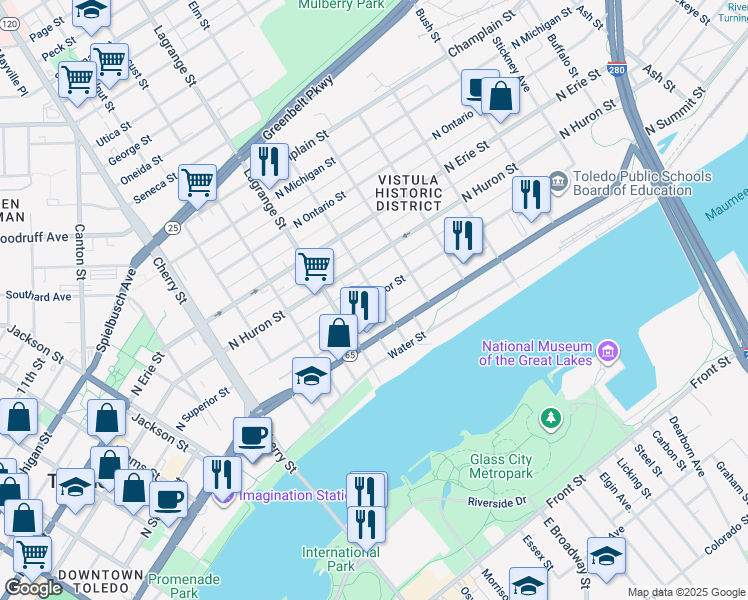 map of restaurants, bars, coffee shops, grocery stores, and more near 1039 North Summit Street in Toledo